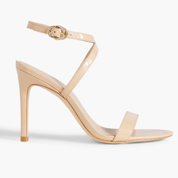 Stuart Weitzman - Crystal Buckle 95 Patent Leather Sandals in Taupe - US W 8.5 - Picture 1 of 13